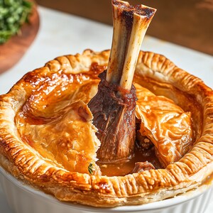 May include: A golden brown pastry crust filled with a savory meat stew and topped with a large, roasted bone-in leg of meat.