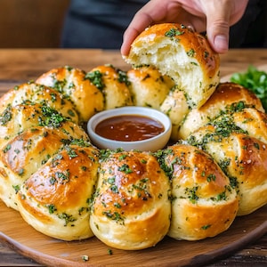 May include: A wreath of pull-apart garlic bread with fresh parsley and a small bowl of dipping sauce in the center.