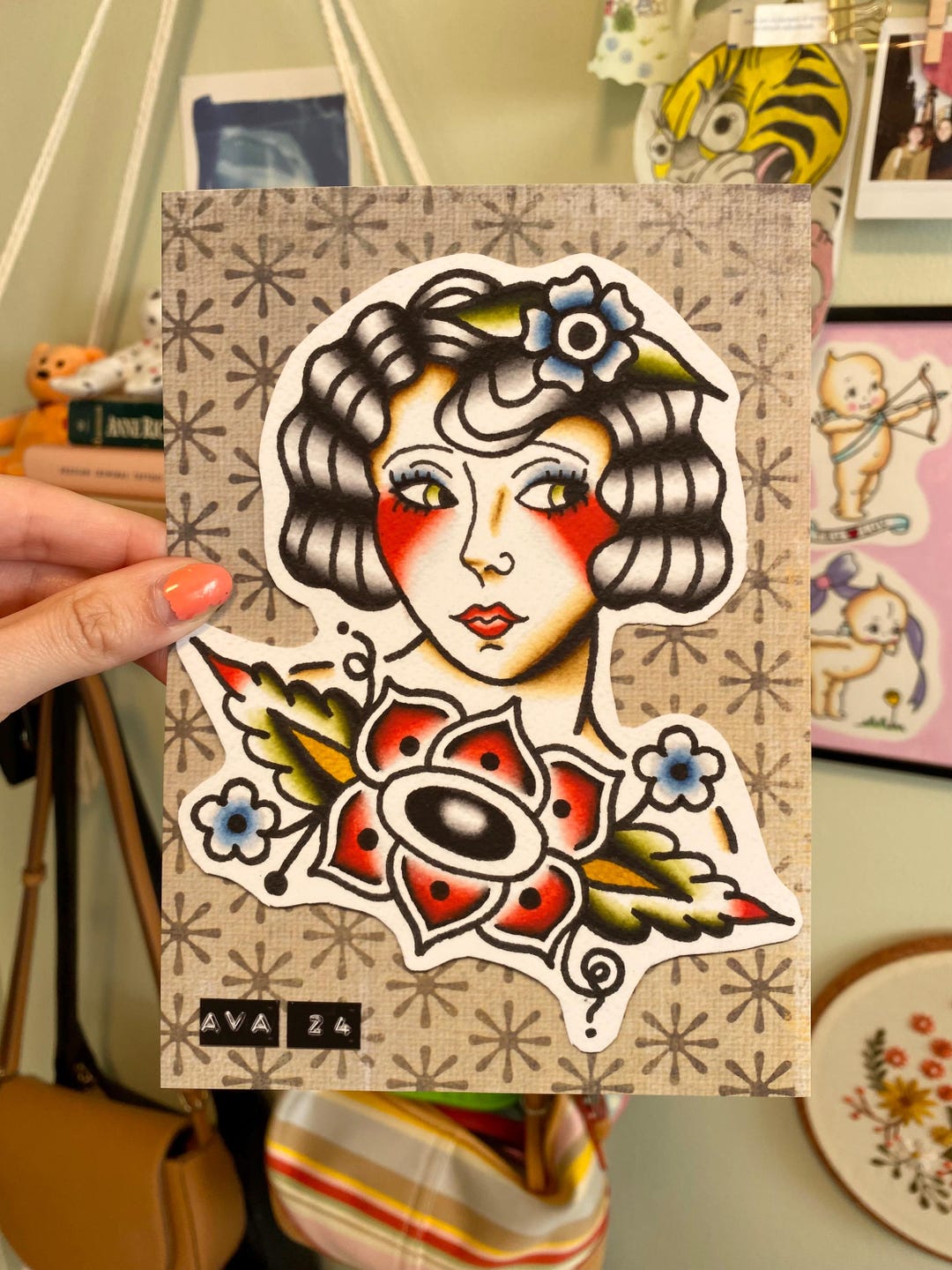 Lady Head With Flower Traditional Tattoo Flash Print - Etsy
