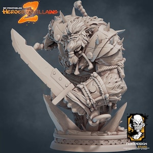 May include: A 3D printed miniature of a fantasy creature, a large, muscular, gray-skinned orc with a beard and a sword. The orc is wearing armor and is standing on a base.