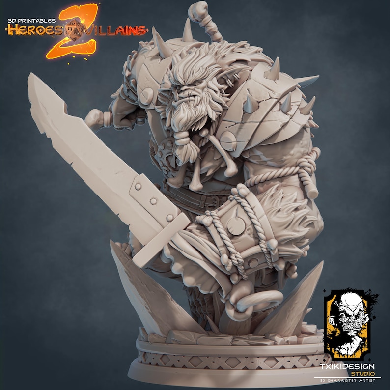 May include: A 3D printed miniature of a fantasy creature, a large, muscular, gray-skinned orc with a beard and a sword. The orc is wearing armor and is standing on a base.