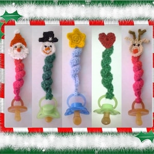 5 Different Pacifier Holder with Christmas Appliques - PDF Crochet Pattern 101 - Instant Download