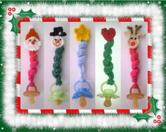 5 Different Pacifier Holder with Christmas Appliques - PDF Crochet Pattern 101 - Instant Download