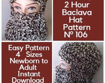 Fast And Easy Beginner Crochet Pattern 2 Hour Baclava Hat - Balaclava -  Ski Mask - 4 Sizes Newborn to Adult Number 106 Instant Download