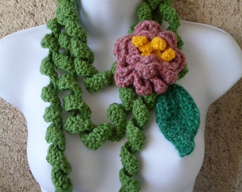 PATTERN (pdf file) 31 - Crochet Green Curly Scarf - Big Pink flower  and  knit leaf Corkscrew Stitch scarf scarflette cowl Instant Download