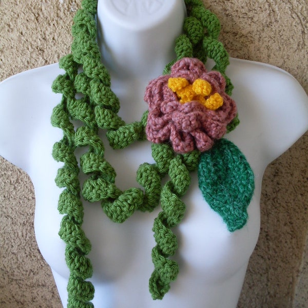 PATTERN (pdf file) 31 - Crochet Green Curly Scarf - Big Pink flower  and  knit leaf Corkscrew Stitch scarf scarflette cowl Instant Download