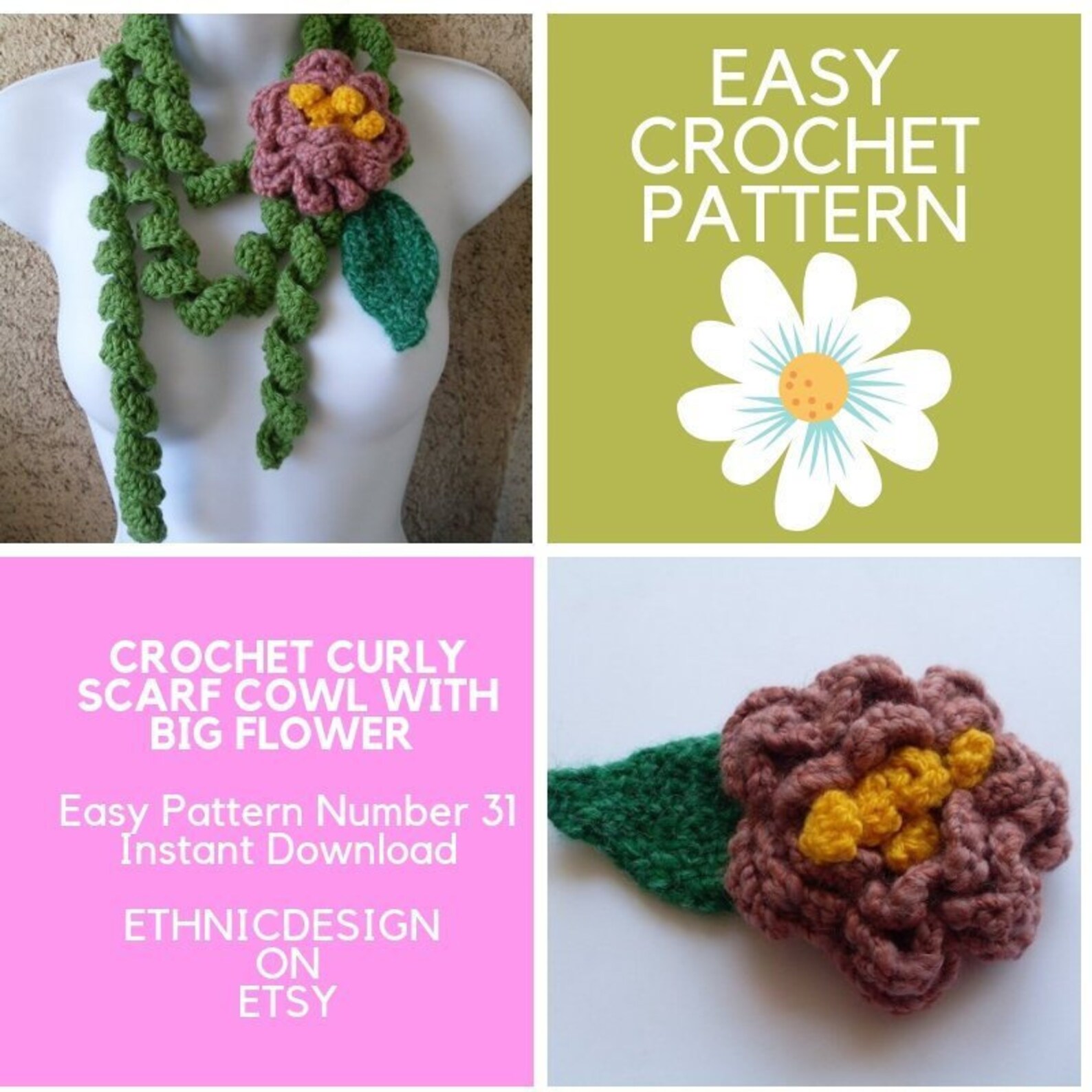 PATTERN pdf File 31 Crochet Green Curly Scarf Big Pink Etsy