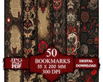 May include: 50 digital bookmarks featuring dark, gothic, and occult imagery. The bookmarks are 5.5 inches by 8 inches and 300 DPI. The images include a pentagram, skulls, and other symbols.