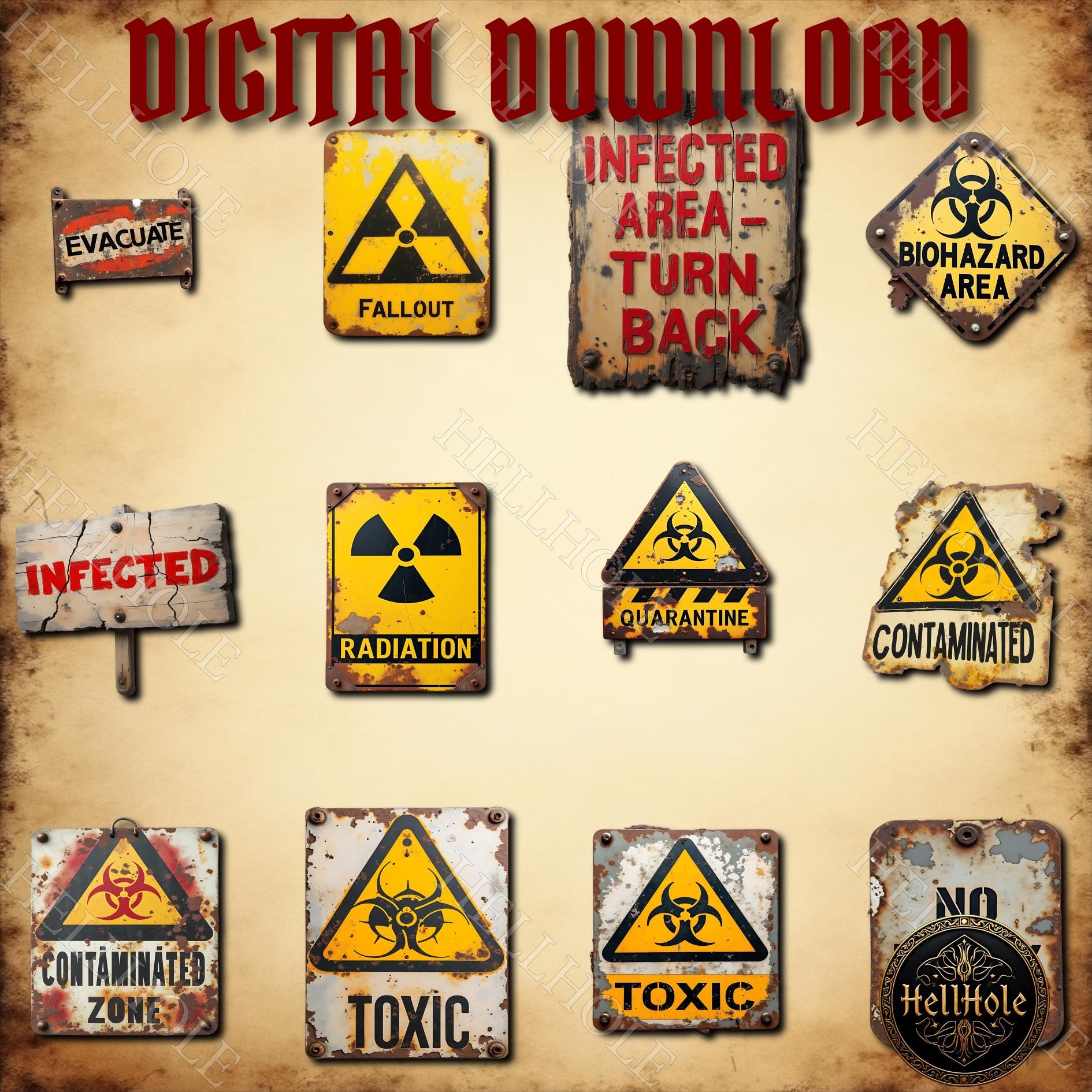 Apocalyptic Warning Signs Clip Art Set, Fallout Hazard Symbols. Digital ...