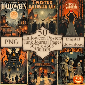 Colección de carteles vintage de Halloween: 50 láminas góticas espeluznantes (descarga digital) imagen 1