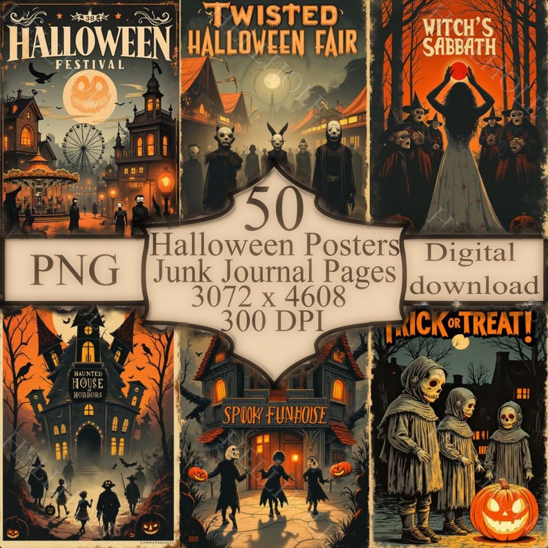 Colección de carteles vintage de Halloween: 50 láminas góticas espeluznantes (descarga digital) imagen 1