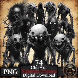 Puede incluir: Ilustración digital que presenta una colección de criaturas de pesadilla en tonos grises y negros. La imagen incluye varios diseños de monstruos con dientes afilados, ojos brillantes y expresiones amenazantes. El texto en la imagen dice "74 Clip Arts, Nightmare Creatures, Digital Download."
