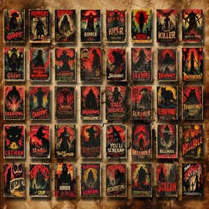 May include: A collection of 36 vintage-style horror movie posters with red, black, and white color schemes. The posters feature various horror movie titles and images, including "Ripper", "Shadows", "Demonics", "Tall Wance", "Terrifying", "Catiran", "Skaddo", "You'll Scream", "Hellhole", "Witchcraft", "Horror", "Scream", "Horrifying", and "Terrifying!"