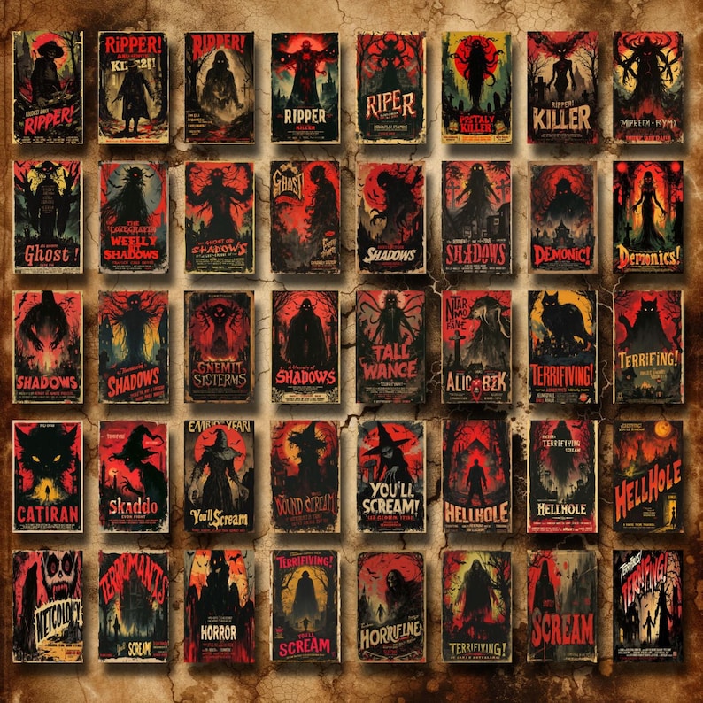 May include: A collection of 36 vintage-style horror movie posters with red, black, and white color schemes. The posters feature various horror movie titles and images, including "Ripper", "Shadows", "Demonics", "Tall Wance", "Terrifying", "Catiran", "Skaddo", "You'll Scream", "Hellhole", "Witchcraft", "Horror", "Scream", "Horrifying", and "Terrifying!"