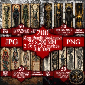 May include: A collection of 200 bookmarks, each 2.16 x 7.87 inches, featuring various gothic and fantasy illustrations. The bookmarks are available in JPG and PNG formats, with a resolution of 300 DPI. The bundle includes digital downloads.