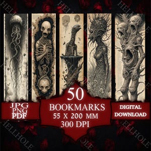 Puede incluir: Conjunto de 50 marcapáginas digitales con ilustraciones en blanco y negro de figuras grotescas. Cada marcapáginas mide 55 x 200 mm. La imagen incluye el texto "JPG, PNG, PDF" y "DESCARGA DIGITAL".