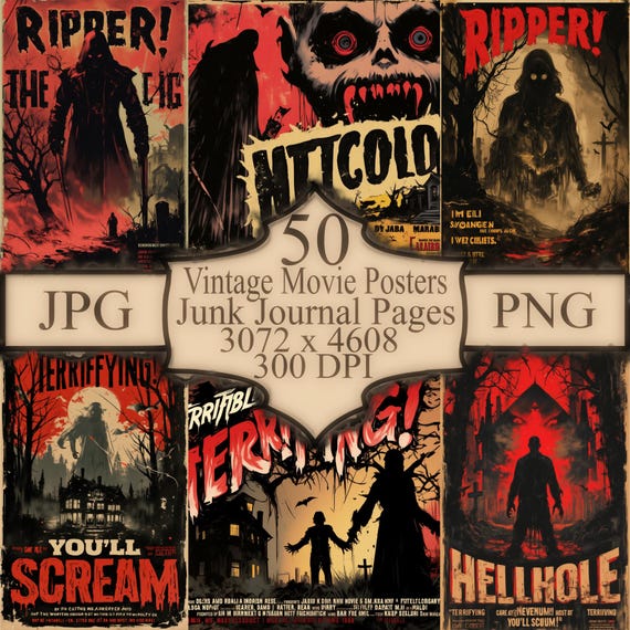 Retro Horror Movie Posters: 50 Vintage Halloween Art Prints (Digital Download)