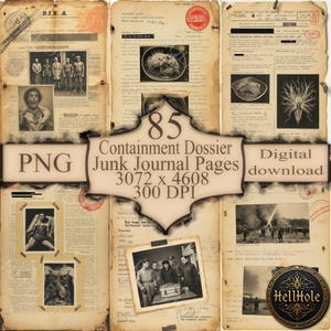 May include: A digital download of 85 vintage-style junk journal pages. The pages feature aged paper textures, vintage photographs, and handwritten text. The image includes the text "Containment Dossier" and "Digital download".