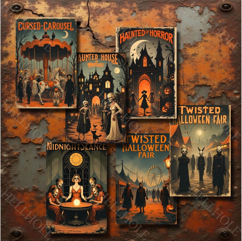 Puede incluir: Una colecci&oacute;n de grabados art&iacute;sticos de Halloween de estilo vintage. Los grabados presentan escenas de un carrusel maldito, casas encantadas y una feria de Halloween retorcida. La paleta de colores incluye naranja, negro y crema, con texto como "Cursed Carousel".