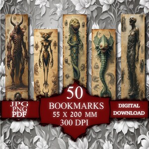 dark fantasy art, gothic bookmarks, creepy monster art, eerie creature art, horror illustration, spooky bookmark set, nightmare creatures, macabre artwork, haunted book art, twisted fantasy art, eerie gothic decor, occult bookmark set, sinister beast