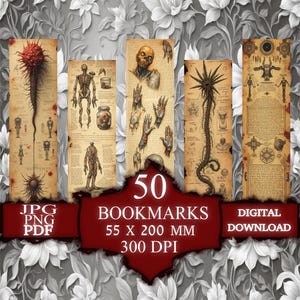 Peut inclure: Ensemble de 50 marque-pages numériques avec des illustrations de style vintage d'imagerie anatomique et occulte. Les marque-pages mesurent 14 cm par 20 cm et 300 DPI. Les images comprennent une figure squelettique, une main avec un œil, une créature avec des tentacules et un démon avec des ailes.