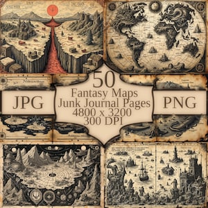 Fantasy Map Art Bundle 50 Antique Printable RPG Maps For DnD, Worldbuilders, Writers, Junk Journals, Story Crafting, Scrapbook