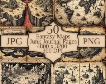 May include: A collection of 50 fantasy maps and junk journal pages. The maps are in a vintage style, with detailed illustrations of landscapes, castles, and mythical creatures. The image includes the text "50 Fantasy Maps Junk Journal Pages 4800 x 3200 300 DPI" and file type indicators JPG and PNG.