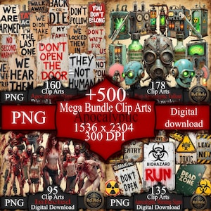 Op de afbeelding: Een digitale downloadbundel van meer dan 500 apocalyptische clip arts. De afbeelding bevat verschillende thema-afbeeldingen, waaronder zombie-illustraties, waarschuwingsborden en steampunk-achtige apparatuur. De resolutie is 1536 x 2304 bij 300 DPI.