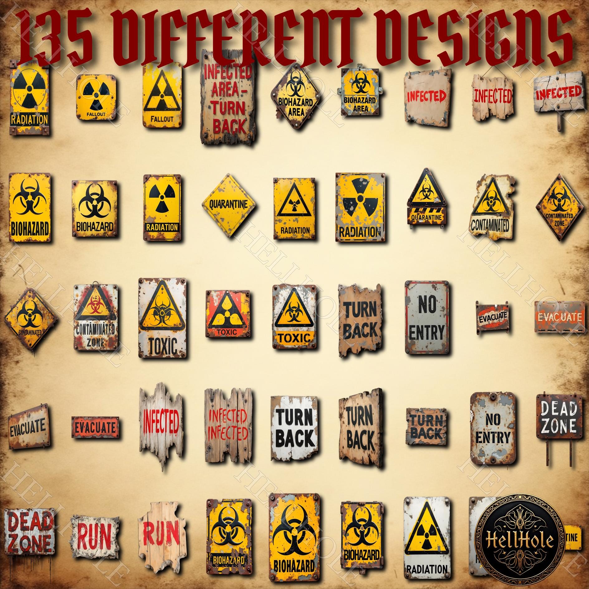 Apocalyptic Warning Signs Clip Art Set, Fallout Hazard Symbols. Digital ...