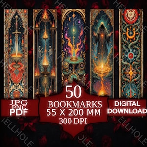 Può includere: Un set di cinque segnalibri digitali con dettagliate illustrazioni fantasy. Ogni segnalibro presenta un design unico con colori vivaci, tra cui una spada, una figura incappucciata ed elementi celesti. I segnalibri misurano 5,5 x 20 cm.