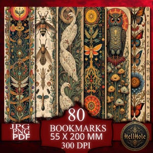 Puede incluir: Conjunto de 80 marcapáginas, cada uno de 5,5 x 20 cm, con ilustraciones detalladas de insectos, aves y diseños florales. Los marcapáginas tienen una estética vintage con una paleta de colores oscuros y el texto "80 BOOKMARKS 55 X 200 MM 300 DPI".
