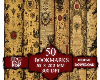 May include: Set of 50 digital bookmarks featuring vintage-style illustrations of occult symbols, text, and imagery. The bookmarks are 55 x 200 mm and 300 DPI.