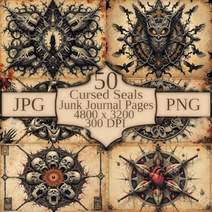 May include: Digital junk journal pages featuring 50 cursed seals. The artwork includes intricate illustrations of demonic creatures, skulls, and a compass rose with a heart. The image includes the text "JPG" and "PNG".