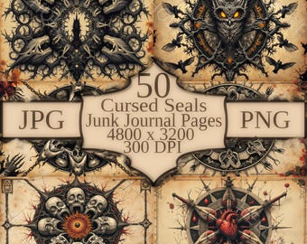 May include: Digital junk journal pages featuring 50 cursed seals. The artwork includes intricate illustrations of demonic creatures, skulls, and a compass rose with a heart. The image includes the text "JPG" and "PNG".