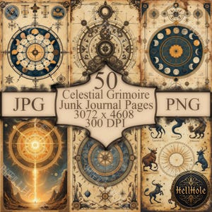 Conjunto de ilustraciones de grimorio celestial: páginas de álbum de recortes para diario de brujas (descarga en PDF)