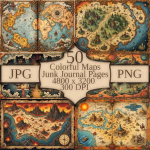 50枚のファンタジーマップ印刷物、カラフルなRPG地図作成パック、世界構築のためのロールプレイングゲームマップ、ダンジョンマスターツール、卓上アート