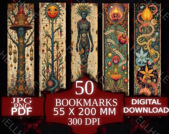 Könnte beinhalten: Digitaler Download von 50 Lesezeichen mit einzigartigen, farbenfrohen und künstlerischen Designs. Die Lesezeichen sind 5,5 cm x 20 cm groß und haben eine Auflösung von 300 DPI. Die Designs zeigen verschiedene Illustrationen und Text.