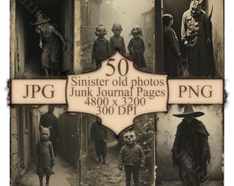 Puede incluir: Un collage en tonos sepia con fotografías antiguas de figuras inquietantes con disfraces y máscaras. La imagen central muestra "50 Sinister old photos Junk Journal Pages" con detalles de resolución. La temática es gótica e inspirada en Halloween.