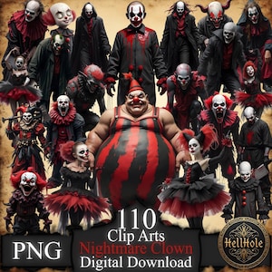 Peut inclure: Une collection de 110 clip arts numériques représentant divers clowns cauchemardesques. Les clowns sont représentés dans une variété de poses et de styles, avec des couleurs rouge, noir et blanc. L'image comprend le texte "Nightmare Clown Digital Download" et "PNG".