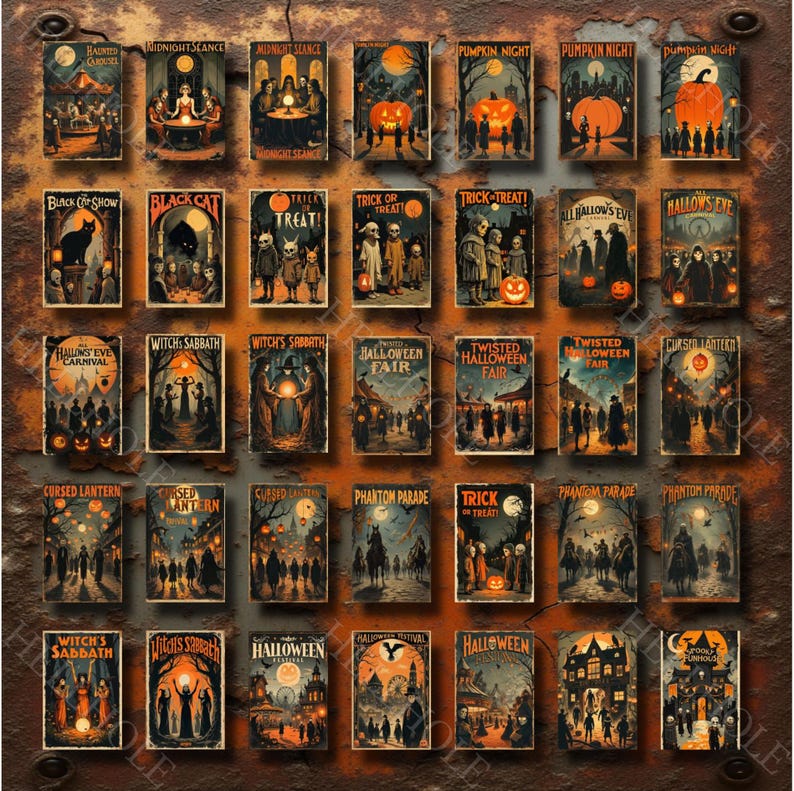 Puede incluir: Una colecci&oacute;n de carteles vintage con tem&aacute;tica de Halloween. Cada cartel presenta ilustraciones de escenas espeluznantes, incluyendo calabazas, brujas, gatos negros y ni&ntilde;os pidiendo dulces. Los carteles est&aacute;n dispuestos sobre un fondo marr&oacute;n texturizado, evocando una est&eacute;tica cl&aacute;sica y nost&aacute;lgica.