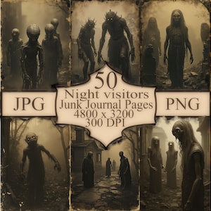May include: 50 digital collage sheets featuring spooky figures in a foggy, vintage-style setting. The images are perfect for junk journals, scrapbooking, and other creative projects.  The text on the image reads "50 Night visitors Junk Journal Pages 4800 x 3200 300 DPI JPG PNG".
