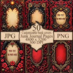 May include: A selection of 50 customizable book covers and junk journal pages. The designs feature ornate red and gold frames with space for text or photos. The image includes the text "JPG" and "PNG".