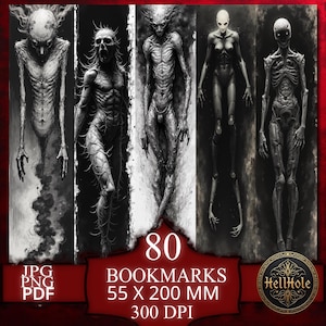 Könnte beinhalten: Set aus fünf schwarz-weißen Lesezeichen mit unheimlichen, skelettartigen Figuren. Die rechteckigen Lesezeichen enthalten den Text "80 BOOKMARKS 55 x 200 MM 300 DPI" in einem roten Banner. Das HellHole-Logo ist ebenfalls vorhanden.