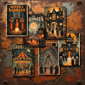 Puede incluir: Una colecci&oacute;n de carteles vintage de Halloween. Los carteles presentan ilustraciones de brujas, casas encantadas, un carrusel y una noria. La paleta de colores incluye tonos naranja, negro y marr&oacute;n, con textos como "Witch's Sabbath" y "Spooky Funhouse".