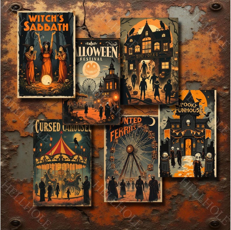 Puede incluir: Una colecci&oacute;n de carteles vintage de Halloween. Los carteles presentan ilustraciones de brujas, casas encantadas, un carrusel y una noria. La paleta de colores incluye tonos naranja, negro y marr&oacute;n, con textos como "Witch's Sabbath" y "Spooky Funhouse".