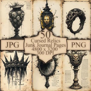 May include: A set of 50 digital printable images of cursed relics, perfect for junk journaling. The images are in both JPG and PNG format, and are 4800 x 3200 pixels at 300 DPI. The images feature a variety of spooky and gothic designs, including a crown, a mirror, a goblet, and a ring.