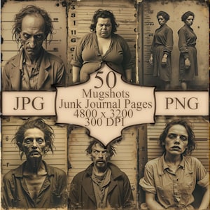 Puede incluir: Una colección de 50 fotos de estilo vintage, cada una con una persona diferente con una expresión única. Las fotos se presentan en un formato de collage, con una tarjeta de título que dice "50 Mugshots Junk Journal Pages 4800 x 3200 300 DPI". Las imágenes son en blanco y negro y tienen un aspecto desgastado y envejecido.