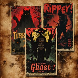 May include: Three vintage horror movie posters with red, black, and white color schemes. The posters feature the titles "Ripper!", "Terror!" and "Ghost!" with illustrations of a monster, a cat, and a man with a knife.