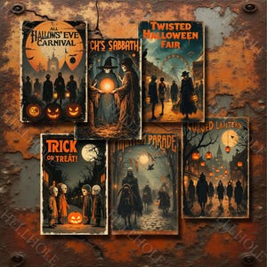 Puede incluir: Una colecci&oacute;n de carteles de Halloween de estilo vintage. Cada cartel presenta una escena espeluznante con textos como "All Hallows' Eve Carnival" y "Trick or Treat!". La paleta de colores incluye naranja, negro y marr&oacute;n, creando una est&eacute;tica cl&aacute;sica de Halloween.