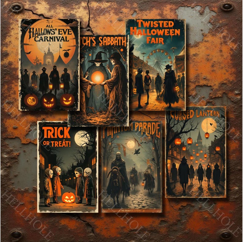 Puede incluir: Una colecci&oacute;n de carteles de Halloween de estilo vintage. Cada cartel presenta una escena espeluznante con textos como "All Hallows' Eve Carnival" y "Trick or Treat!". La paleta de colores incluye naranja, negro y marr&oacute;n, creando una est&eacute;tica cl&aacute;sica de Halloween.